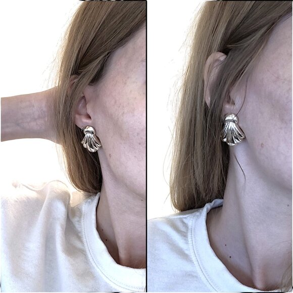 Vintage Avon Art Deco Silver Plated Shell Pierced Earrings Mermaidcore 80s 90s - Picture 3 of 5